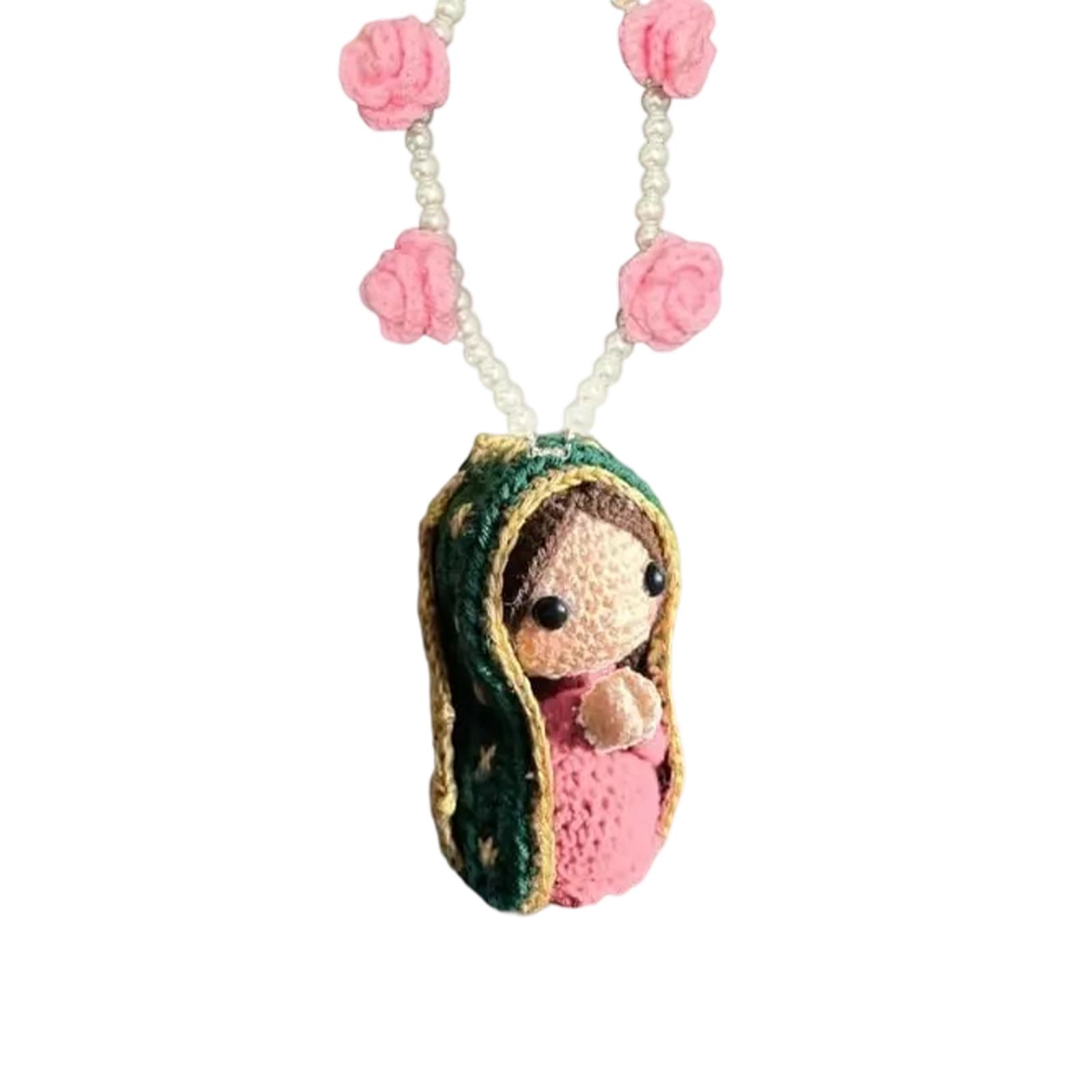 

Handmade Crochet Pendant Necklace with Beaded Chain and Decorative Floral Accents Lightweight Textile Craft Accessory for Everyday Wear