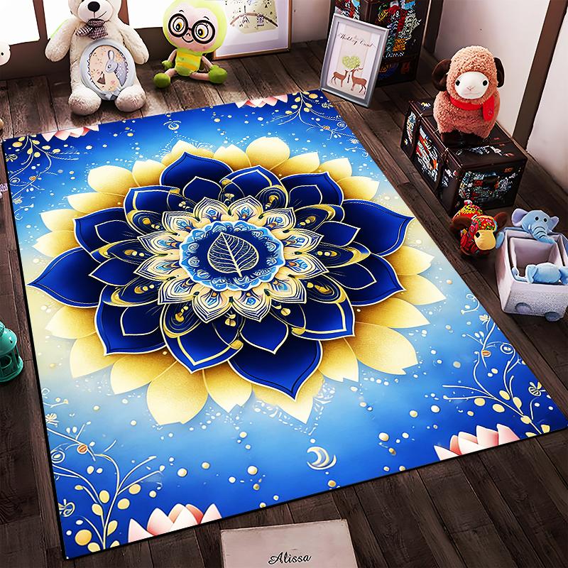 Blue and Gold Mandala Carpet with Lotus Motifs, Modern Boho Decor Suitable for use as an anti-slip for living room bedroom sofas
