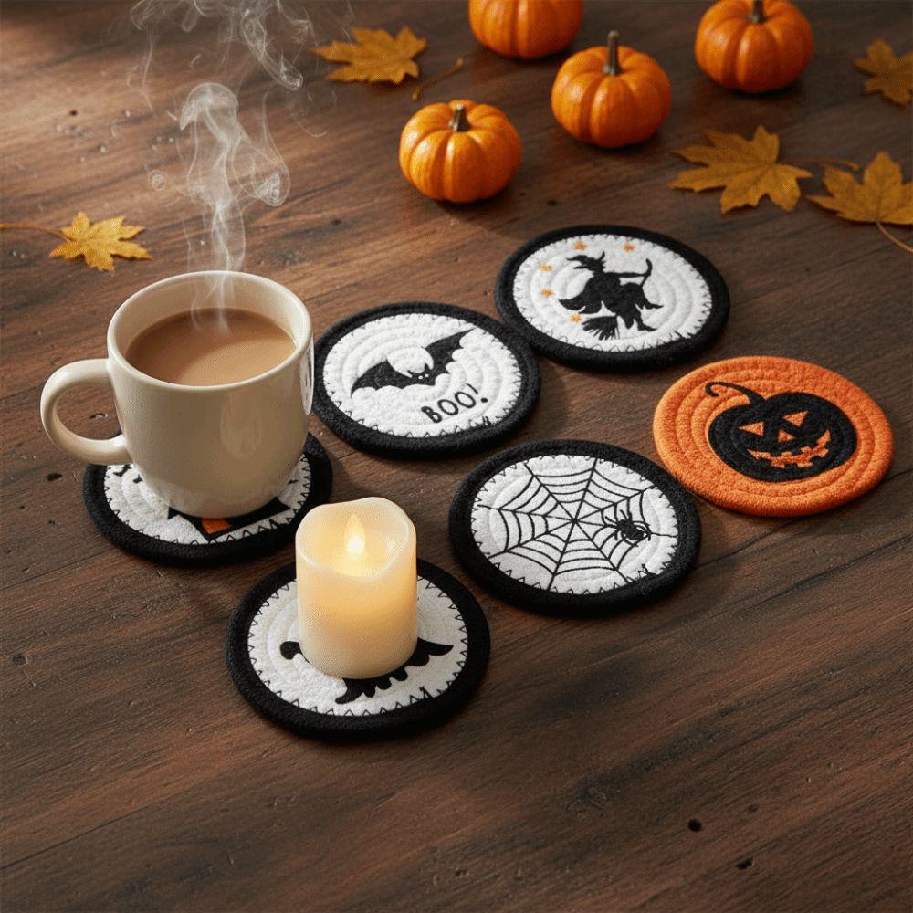 6pcs Heat Resistant Woven Coaster Cotton Rope Pumpkin Mat Halloween Placemat Bar Counter