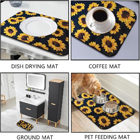 Dish Drying Mat Foldable Fall Kitchen Drying Mat Absorbent Sink Mat Multi-Purpose Coffee Pad Easy To Clean,Kitchen Gadgets,sunflower decor(sunflower)