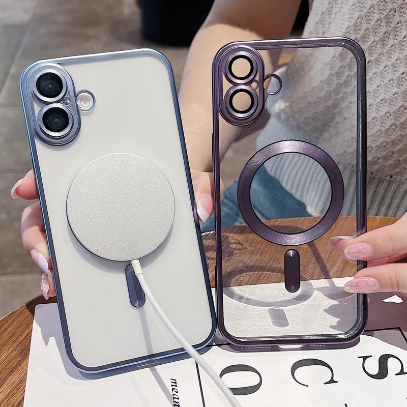 

Прозрачный мягкий чехол Magsafe Frosted для iPhone 16 Pro 15 Plus 14 13 12 Pro Max 11 Plating Lens Glass Wireless Charger Cover iPhone 16 зелёный