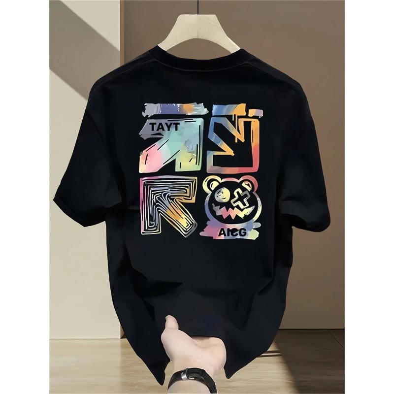 Men's Summer 100% Pure Cotton Fashionable Casual Loose Fit Plus Mountain Reflection Printed Round Neck Short Sleeved T-shirt Top