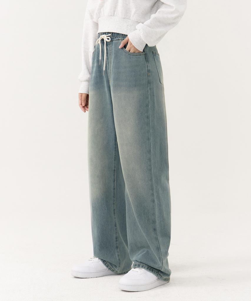 Akeusi Easy Fit Elastic Waist Wide Denim Pants Unisex (Light Blue)