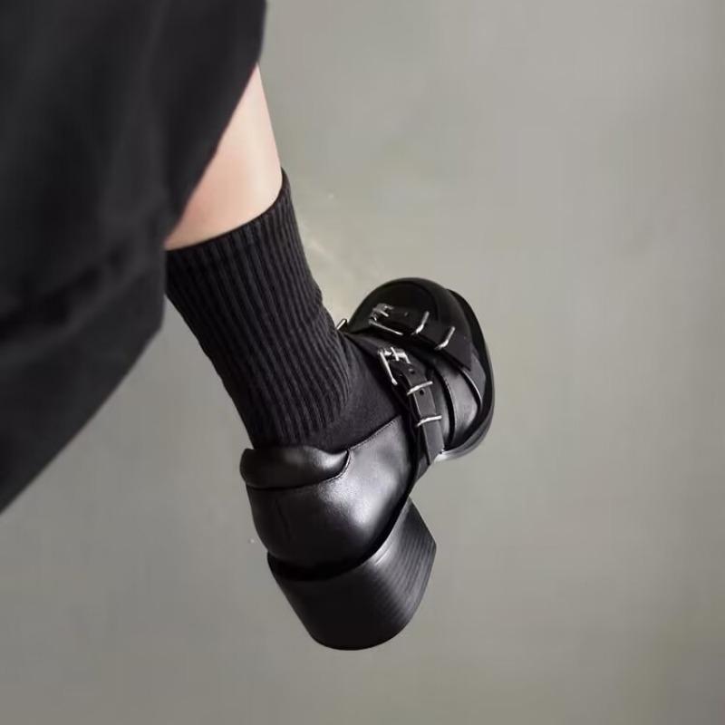 Women's Thick Heel Shoes Autumn New Round Head Shallow Mouth Metal Buckle Thick Sole Anti-slip Wear-resistant Low-top Shoes