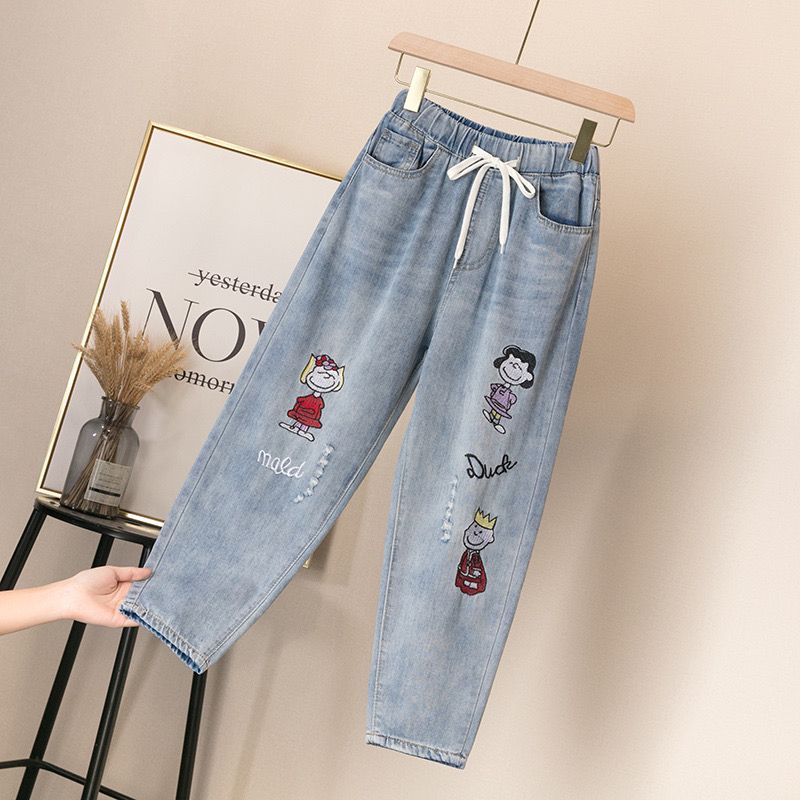 Embroidered Jeans Women's Loose Straight Tube Elastic Waist High Waist Spring and Autumn Cropped Pants