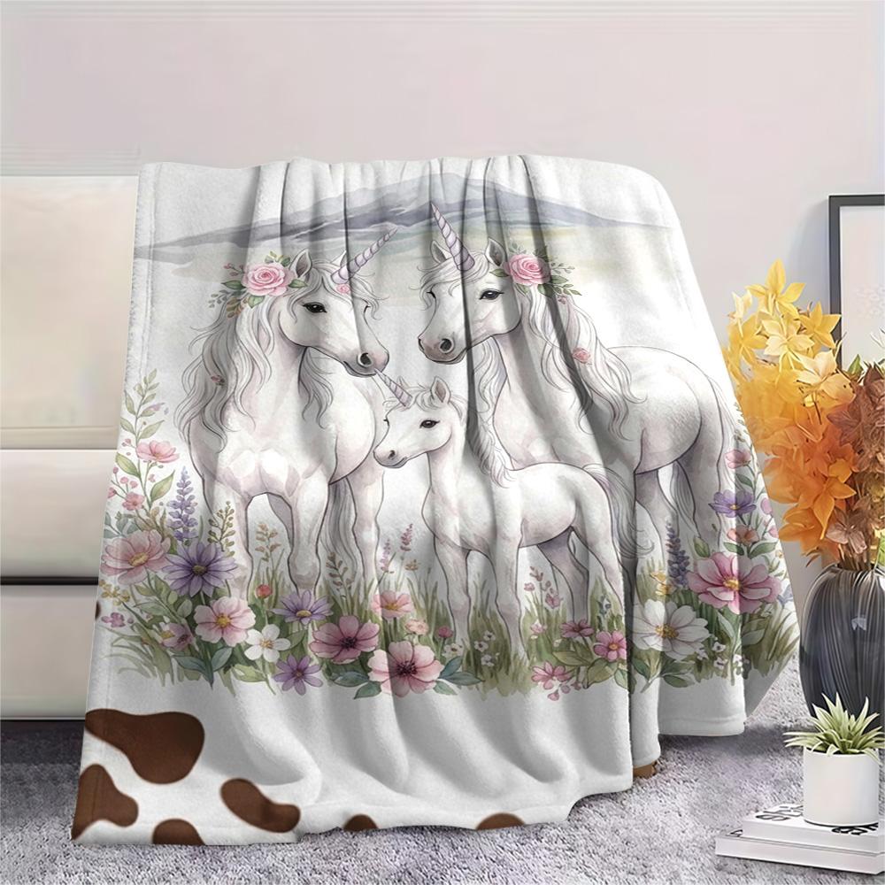 1PC Floral Cow Animals Print FlAannel Blanket, High quality Comfortable for All Seasons, Home Decor, Warmth and Comfort