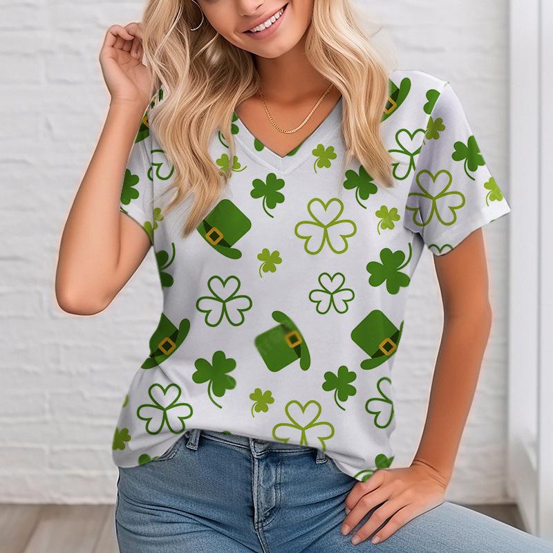 Women's V-neck Digital Printed Top Summer Short Sleeved Loose Women's Floral T-shirt