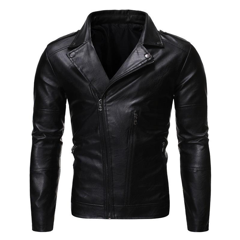Men's 2019 Autumn/Winter Slim Fit PU Leather Motorcycle Jacket with Oblique Zipper and Lapel Design