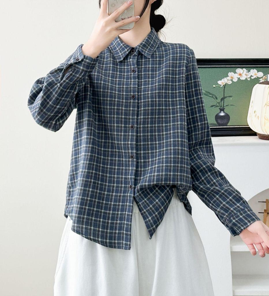 Women's 2026 Early Spring Brushed Cotton Plaid Shirt - Korean Retro Hong Kong Style, Long Sleeve, Niche, Lazy Chic