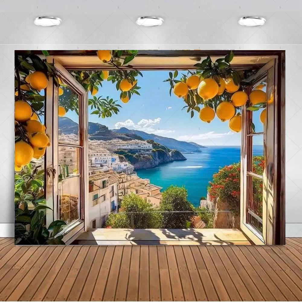 Seaside Town Lemon Tree Background Banner Open Window Landscape Backdrop Supplies Photography Prop Birthday Party Decorations