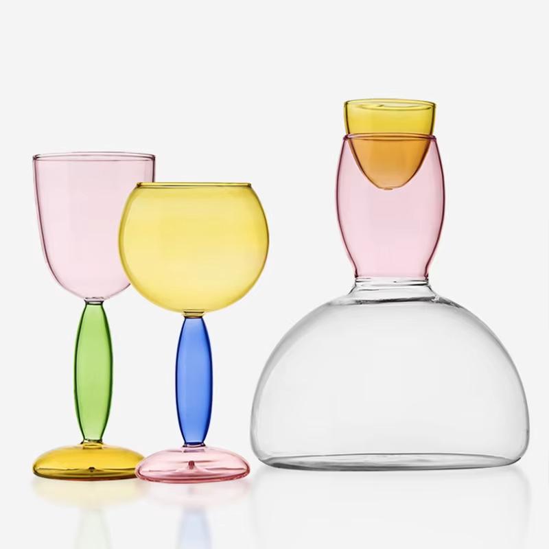 Handmade High Borosilicate Colored Glasses Creative Goblet Champagne Contrasting Color Bordeaux Burgundy Red Wine Cups Decanter