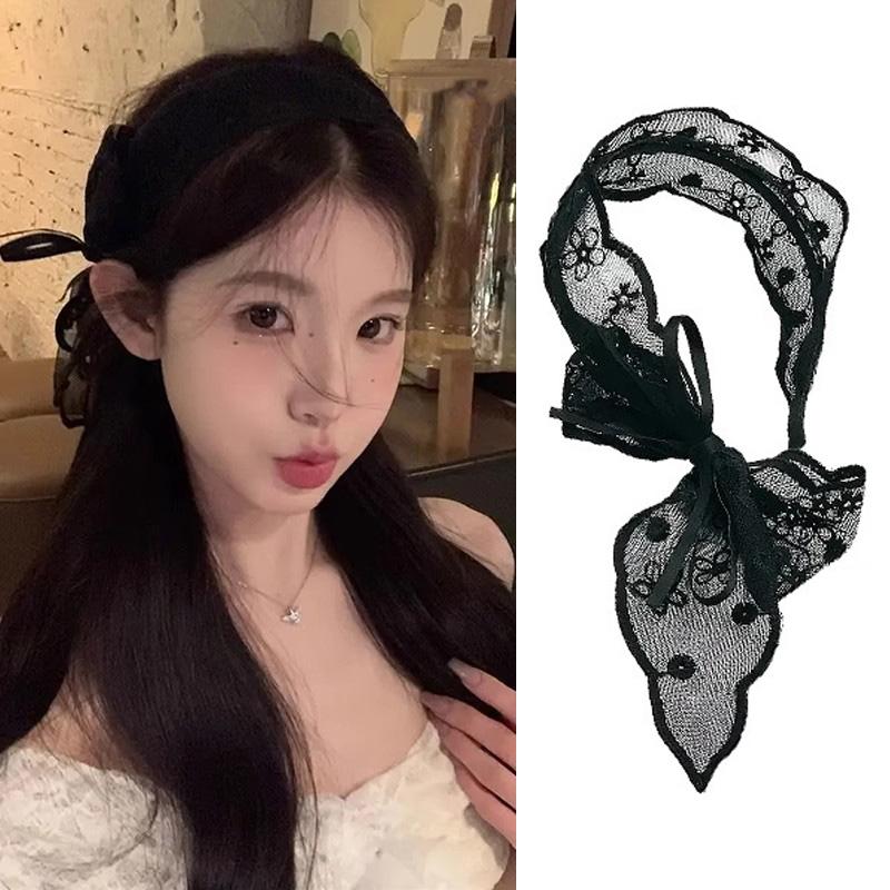 

Retro Lace Butterfly Knot Wide Edge Hairband Women Country Style Summer Floating Headwear White Black High-End Feeling Headband чёрный