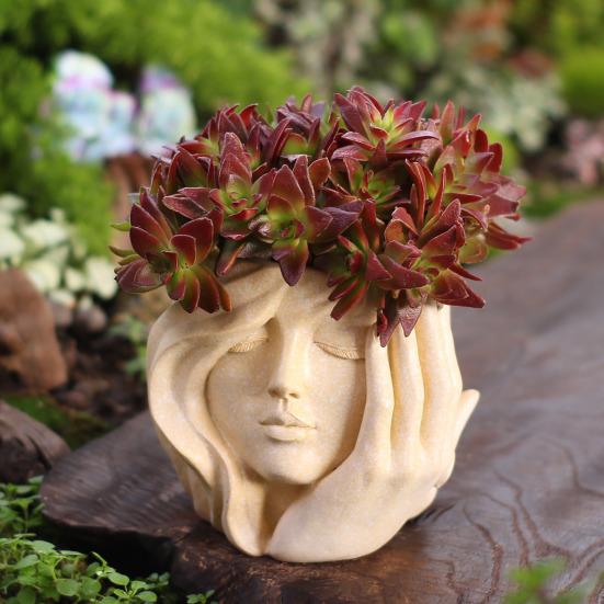 Artistic Women Head Planter Imitation Stone Texture Resin Plant Pot Elegant Female Face Planter for Succulents Indoor Balcony Bedroom Decor