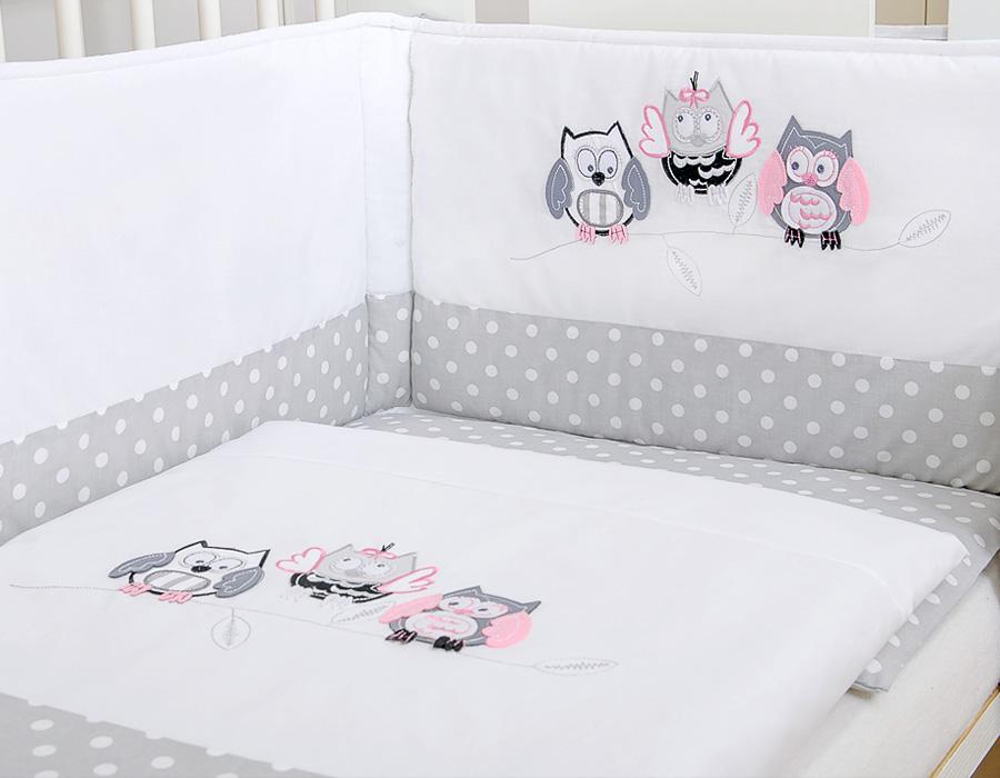 Children's Bedding Set 120x90cm with a 3-piece Bumper, Gray Owls, with Gray and Pink Embroidery