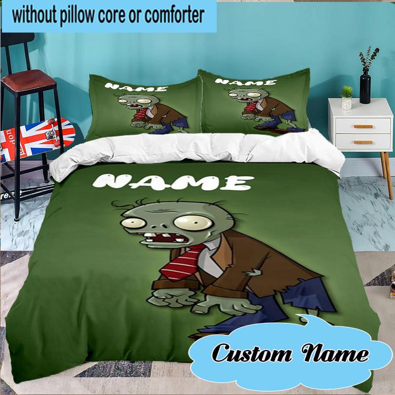 Custom Name Zombie Garden Battle Bedding Set 3pcs, Bedding Set Including 1pc Duvet Cover And 2pcs Pillowcases for Bedroom, Dormitory Gift