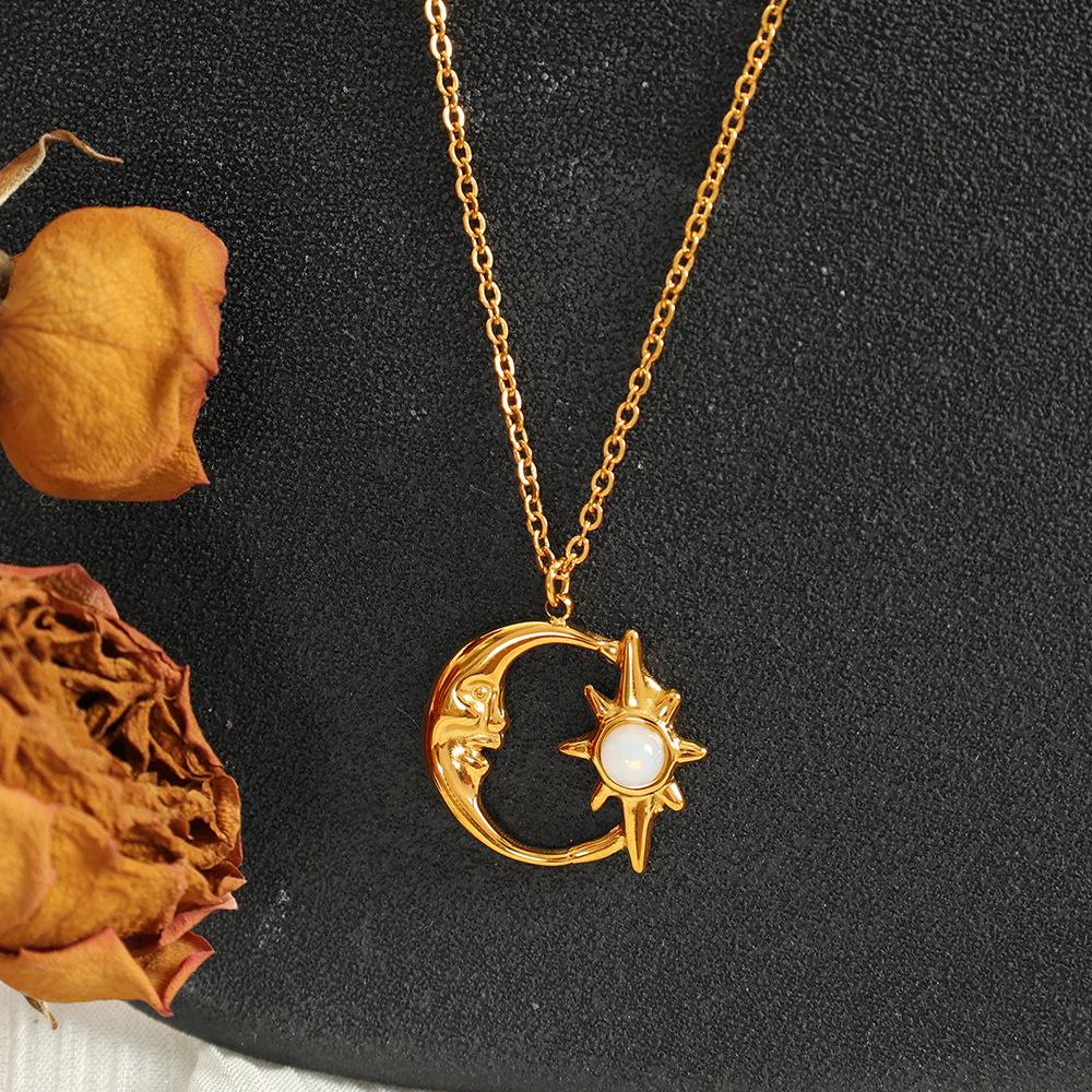 Hollow Star & Moon Opal Pendant Necklace - Luxury Clavicle Chain Jewelry