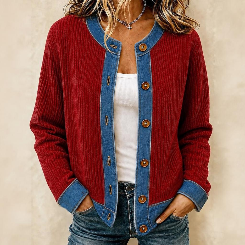 Giacca Cardigan Lunga da Donna Patchwork in Denim per Outfit Casual Autunnali Invernali