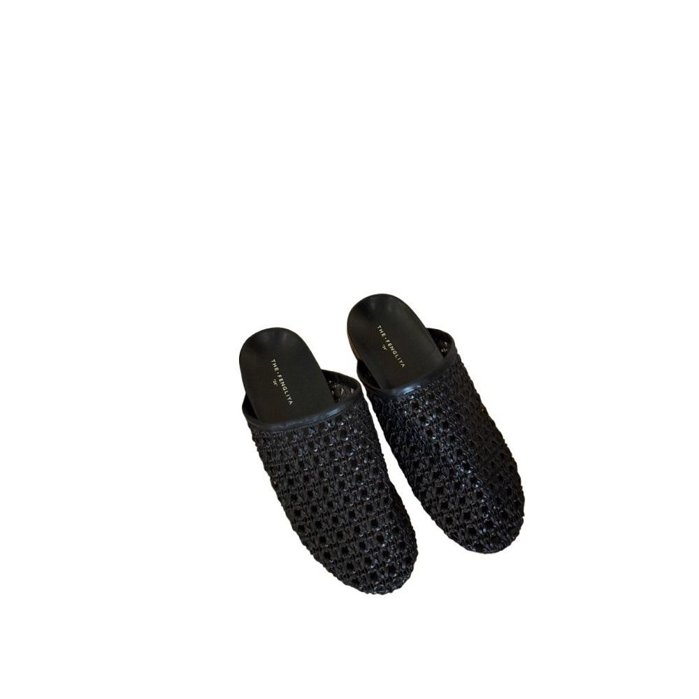 2025 New Summer French-style Woven Slippers Women's Summer Black Thin Bag Head Empty Shoes