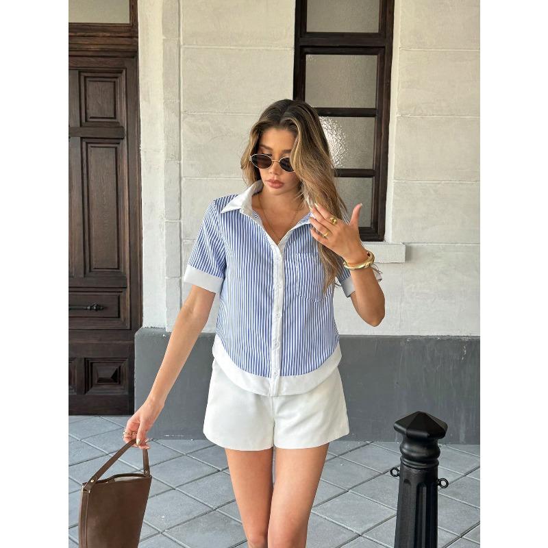 YYFS Damenmode Casual Sommer Frühling Streifendruck Kurzarm Polokragen Blusen & Hemden