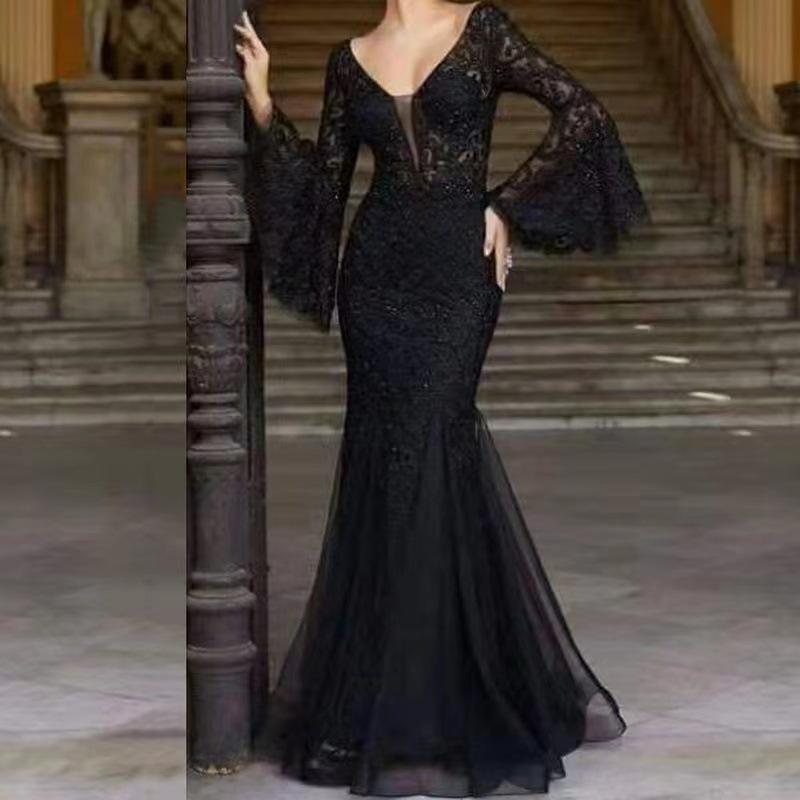 2025 Black Lace Slimming Fishtail Evening Gown
