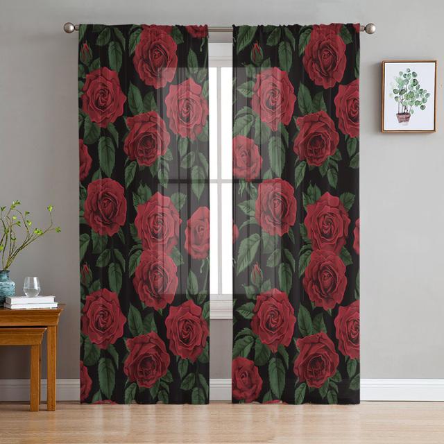Vorhänge mit rotem Blumen- und Pflanzenmotiv, drapieren, transparenter Tüll, Heimdekoration, Wohnzimmer, Schlafzimmer, Cortinas, Chiffon-Fenstervorhänge