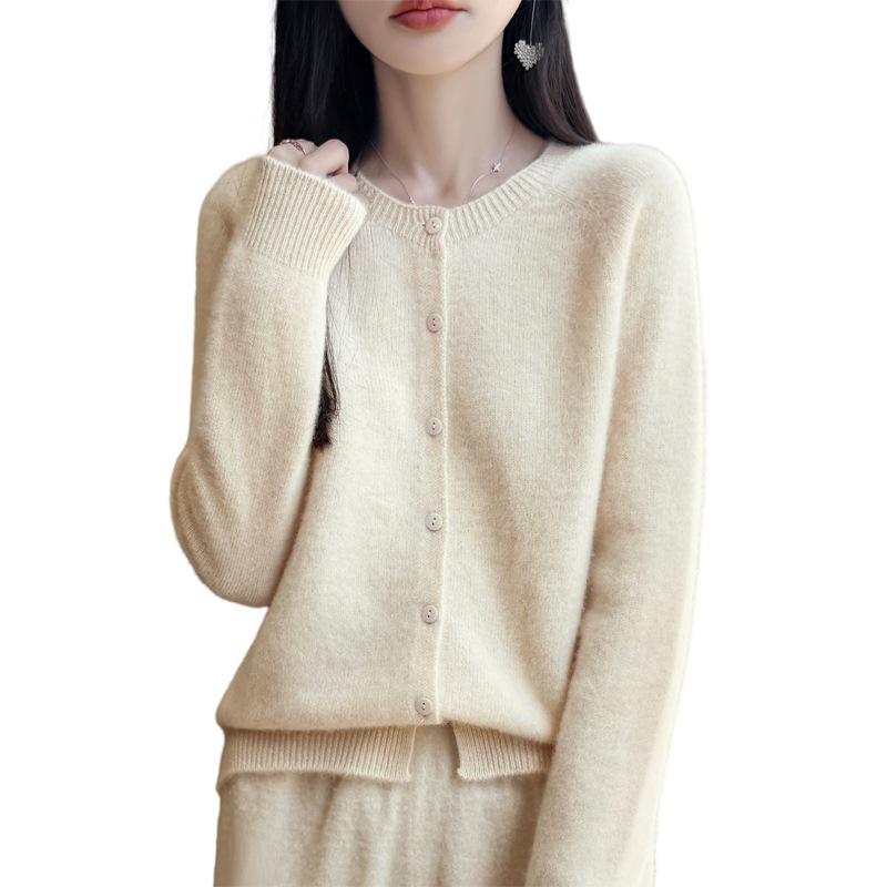 Autumn/Winter Pure Wool Seven-Stitch Crew Neck Cardigan - Thick, Long Sleeve, Solid Color, Skin-Friendly Knit Sweater