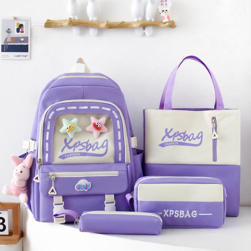 

School bag is fresh, sweet and cute, girls backpack four-piece set, primary school school bag versatile canvas large-capacity backpack фиолетовый