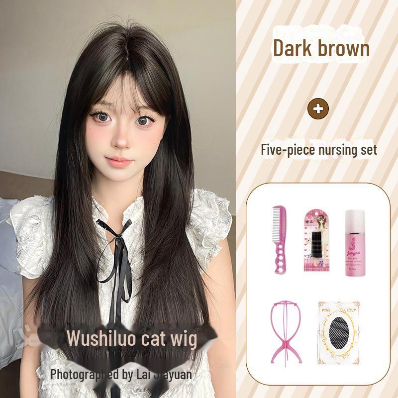 Logical Cat Women's Long Straight Hair Wig with Air Bangs - Natural Full Head Celebrity Style