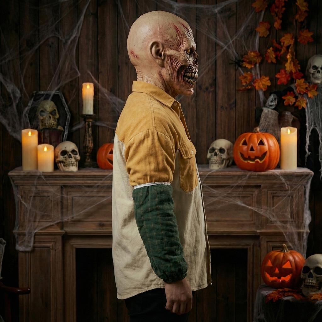 Maschera da Zombie Realistica Spaventosa per Adulti, Testa Intera in Lattice, Camminatore Non Morto con Denti Sanguinanti Esposti e Cicatrici per Accessorio Horror