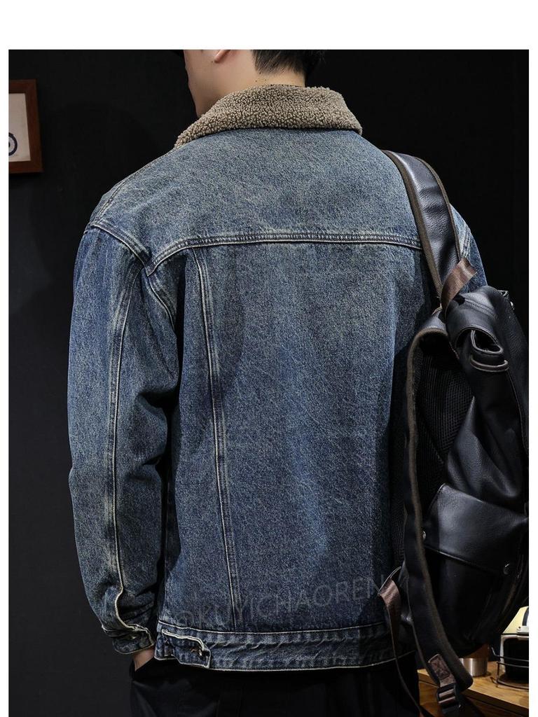 Men's Trendy Denim Lambswool Jacket - Thick, Warm, Retro Workwear Winter Style