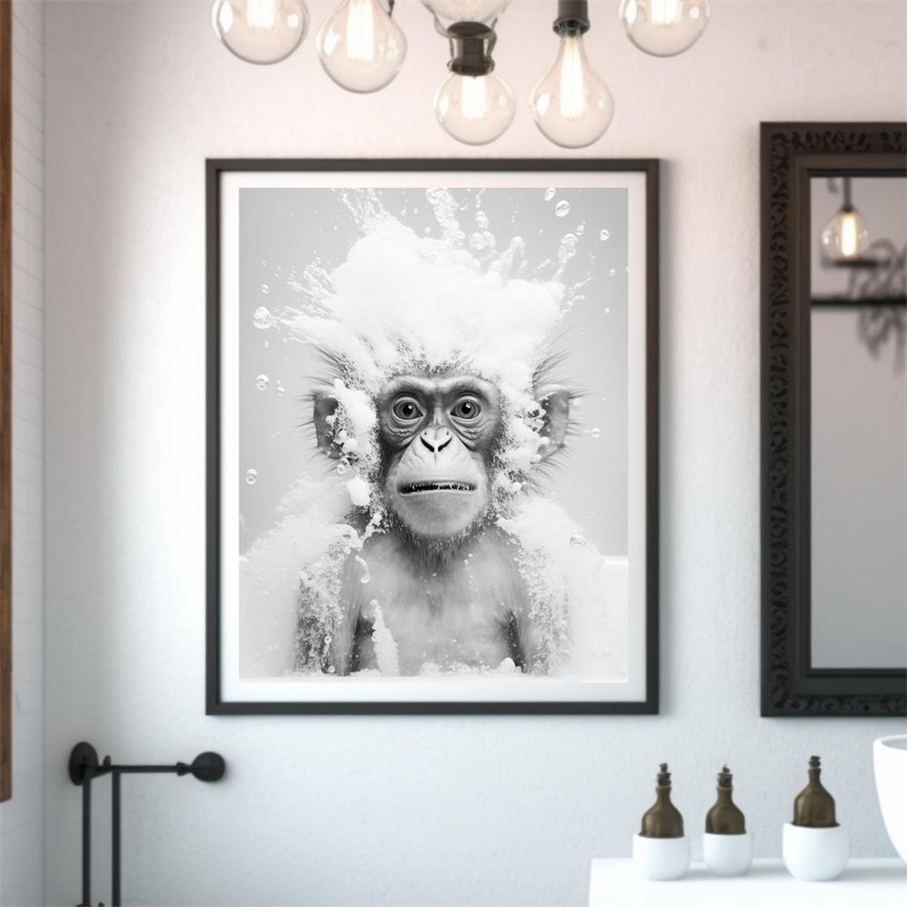 Cute Monkey Bathroom Art Prints Wall Art Funny Bathroom Print Poster Monkey Art Print Toilet Humor Whimsy Animal Canvas Painting