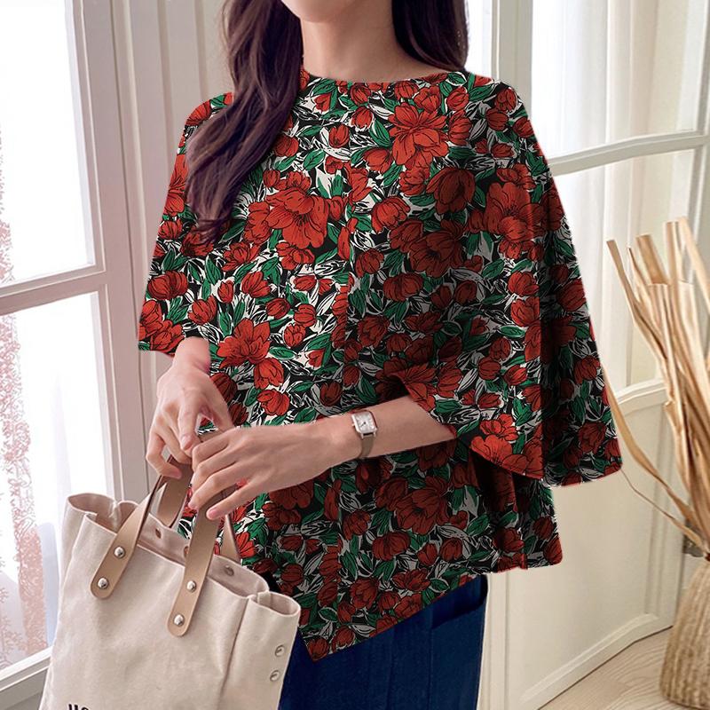 

ZANZEA Women Casual 3.4 Sleeve Loose Floral Print Irregular Blouse M красный