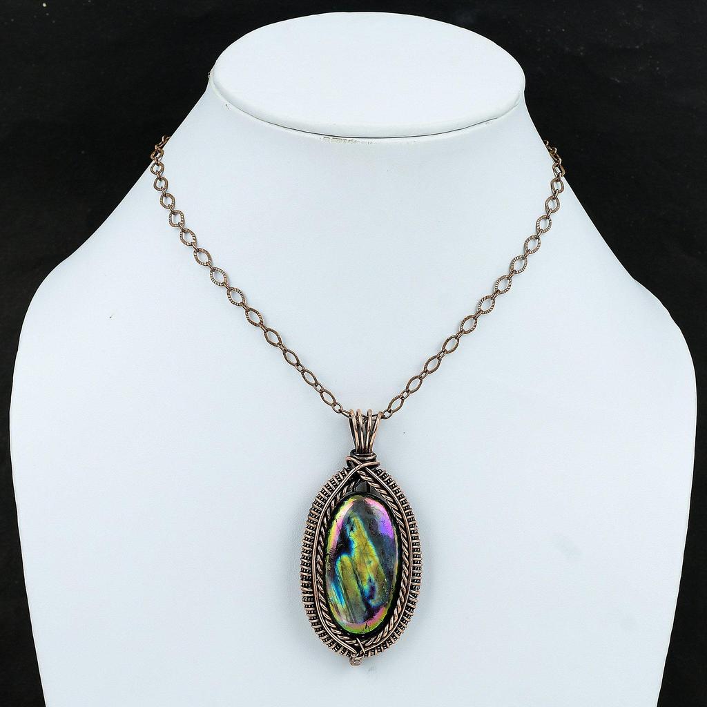 Mystic Fire Labradorite Pendant Copper Wire Wrapped Pendant Labradorite Gemstone Jewelry Handmade Pendant Copper Wire Jewelry Gift For Women