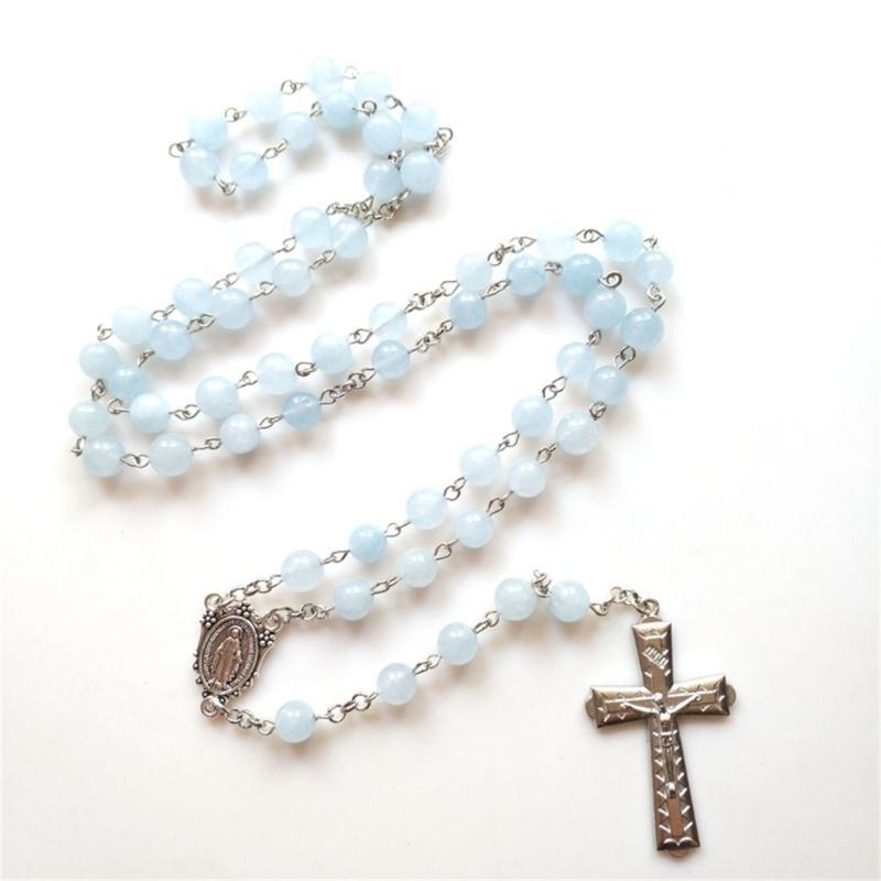 Yoga Room Decorations Gift Blue Jades Bead Cross Rosary Necklaces Bead Chain Pendant Ornaments for Home Church