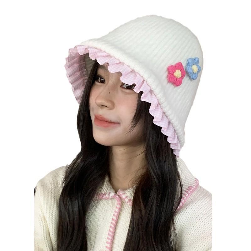 Sweet flower plush bucket hat women's autumn and winter warm versatile knitted hat showing face small wool hat tide