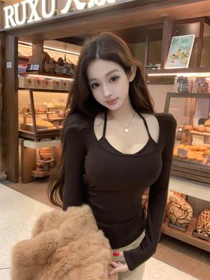 Women's Patchwork Faux Two-Piece Halter Long-Sleeve Slim Fit Waist-Cinched Autumn/Winter Base Layer Top