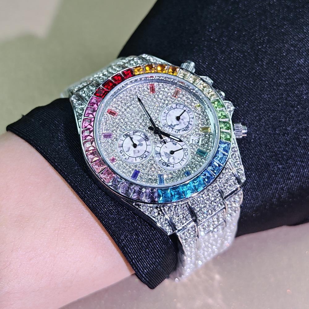 Multifunctional Diamond Watch, Hip Hop Watch Gypsy Full Diamond Quartz Men s Watch Diamond Watch серебряный