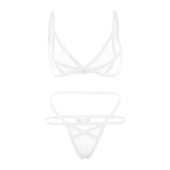 2 Pcs/Set Bra Panties Set See-through Mesh Hollow Out Solid Color Elastic Strap Decor Thin High Waist Wedding Night Honeymoon Underwear Set