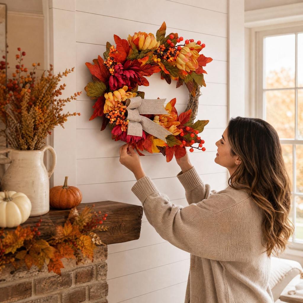 Maple Leaf Pinecone Wreath for Thanksgiving Door Wall Hanging Decor