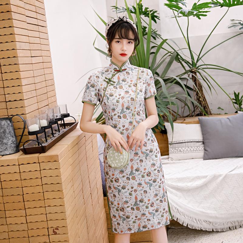 1011 summer new fashionable and elegant slim double-layer medium and long finch feather satin improved cheongsam dress diagonal placket