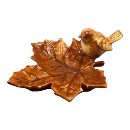 

Коричневая керамическая тарелка в форме листа с дизайном птицы, ручная работа, декоративный поднос для украшений и мелочей, принадлежности для вечеринки в честь Дня благодарения