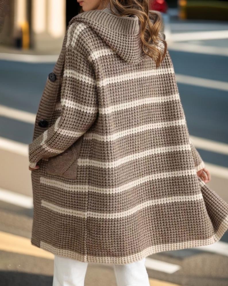 Cardigan Tricot rayé pour femme Automne/Hiver 2024 - Manteau pull à capuche mi-long