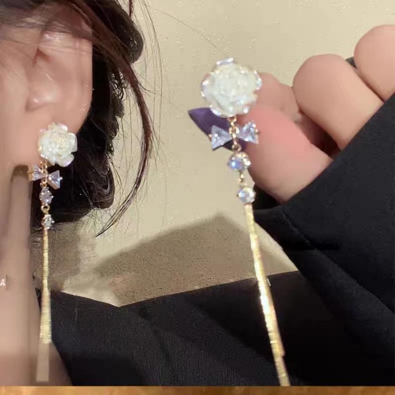 S925 Silver Needle White Rose Tassel Earrings - Elegant Design for Round Faces