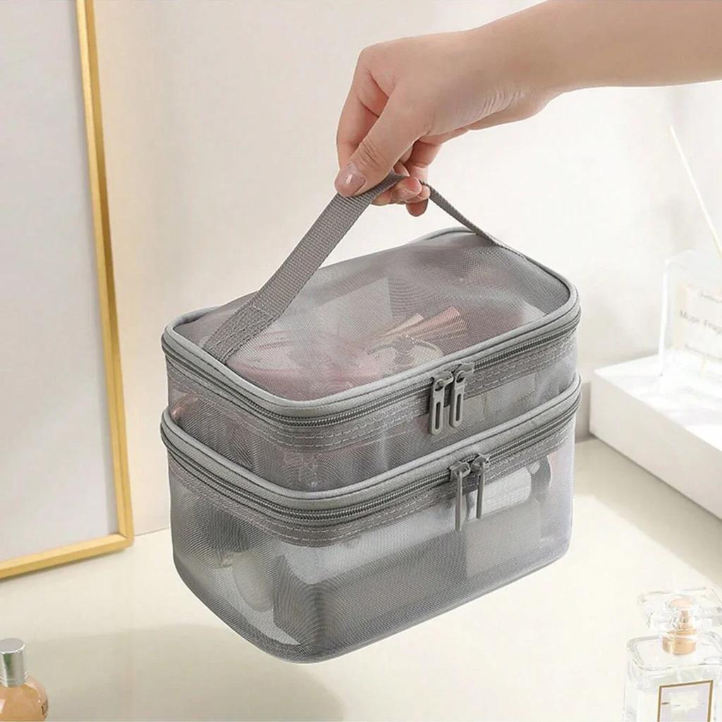 1pc-Double Layer Mesh Makeup Bag, Large Capacity Travel, Simple and Portable Toiletry Bag, Hand-held Cosmetics Storage Bag