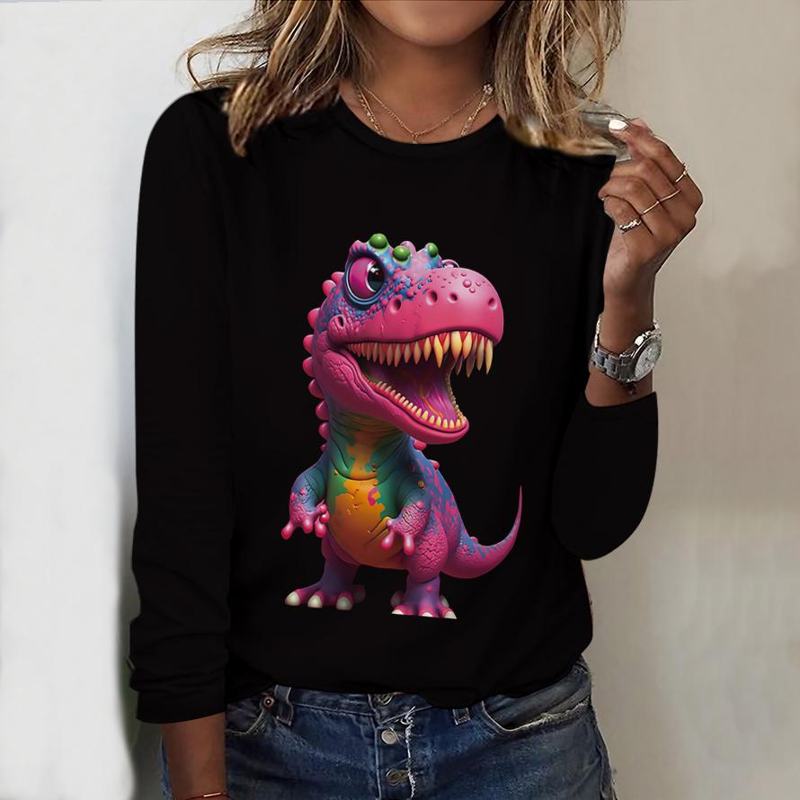 Tops For Women Cute Dinosaur Print Round Neck Long Sleeve T-shirt Fall Casual Slim Pullover Women's Long Sleeve Top