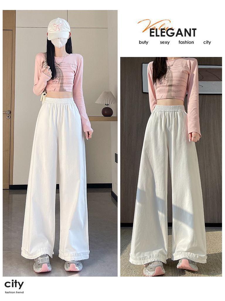 Women's Spring/Summer 2026 Sweet Ruffle Lace Wide-Leg Pants - Elastic Waist, Slimming, Soft, and Smooth Casual Wear