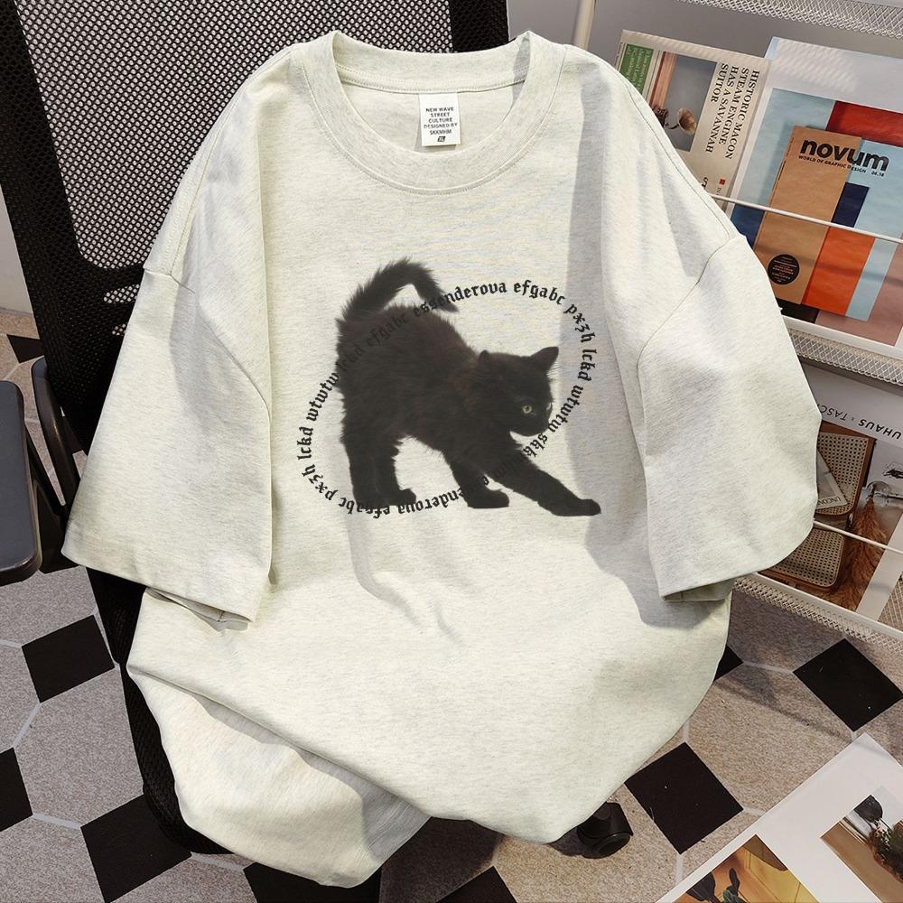 American Vintage Kattunge Tryckt Kortärmad Ins Sommar Lös T-shirt Par Toppar Trendig Oversized T-shirt
