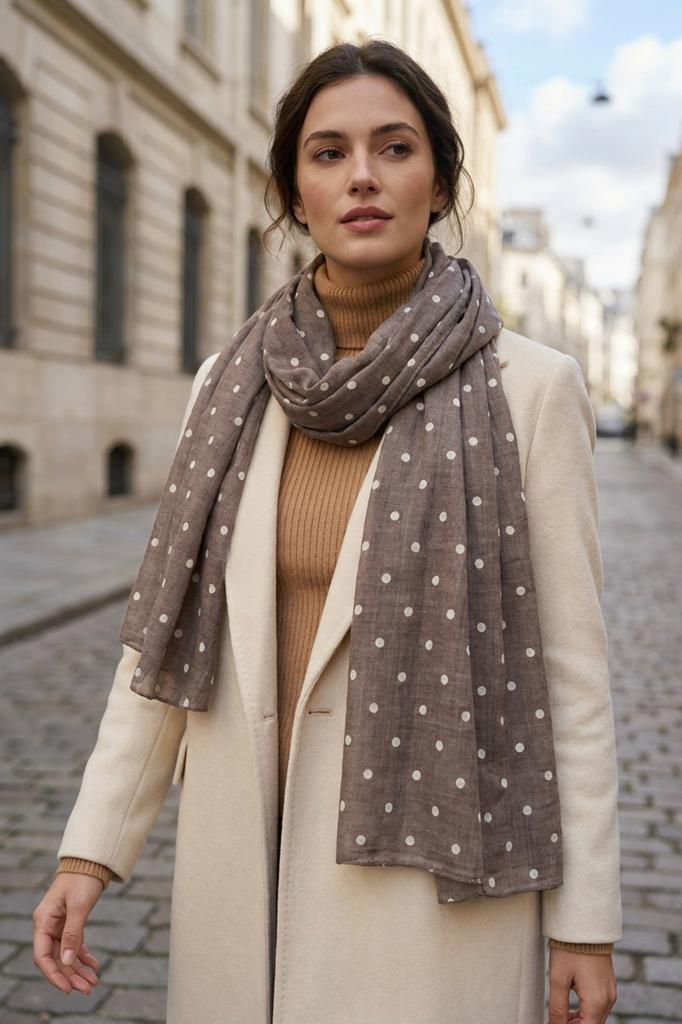Coffee Scarf with Light Polka Dots - 180x90 , Cotton and Polyester