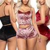 Femei 2 piese Lenjerie de dormit din catifea Crop top fără mâneci Camisole Pantaloni scurți Set de jos Set de lenjerie de damă Set pijama de damă