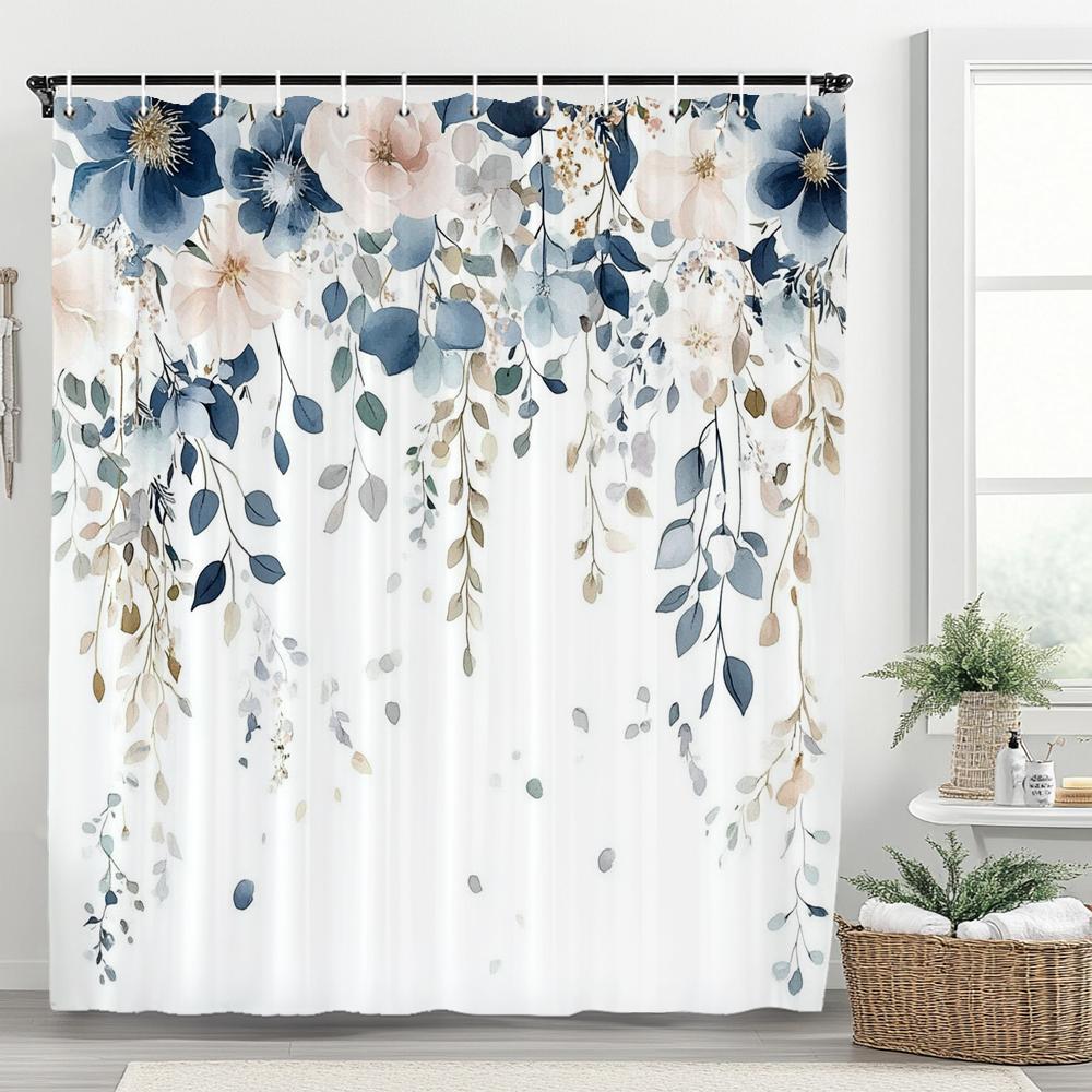 1PC Blue Flowers and Butterflies Shower Curtain,  Floral and Leaf Bathroom Decorative Curtain,Polyester Home Curtain with Hooks